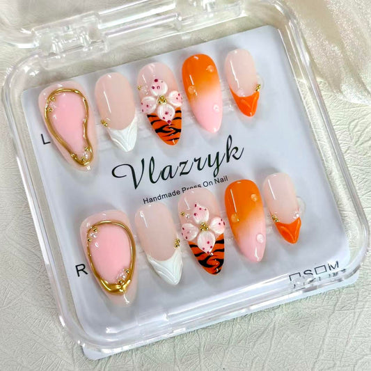 Luxury Medium Almond Press On Nails – French Tip with 3D Flowers, Pearls & Gold Design | Reusable Acrylic Gel Fake Nail | hand made nails S SIZE