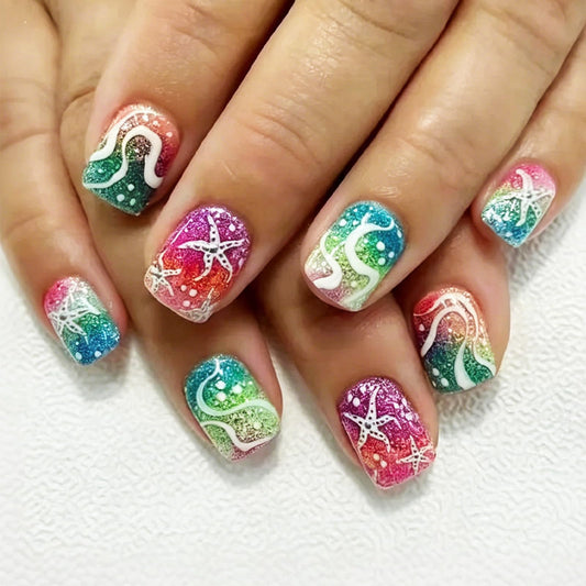 Ocean Starfish Press on Nails with Summer Beach Design Glossy Rainbow Ombre Fake Nail Short Square False Nails Seaweed Full Cover Stick on Nail Wave Glue on Artificial Fingernails for Women Wear