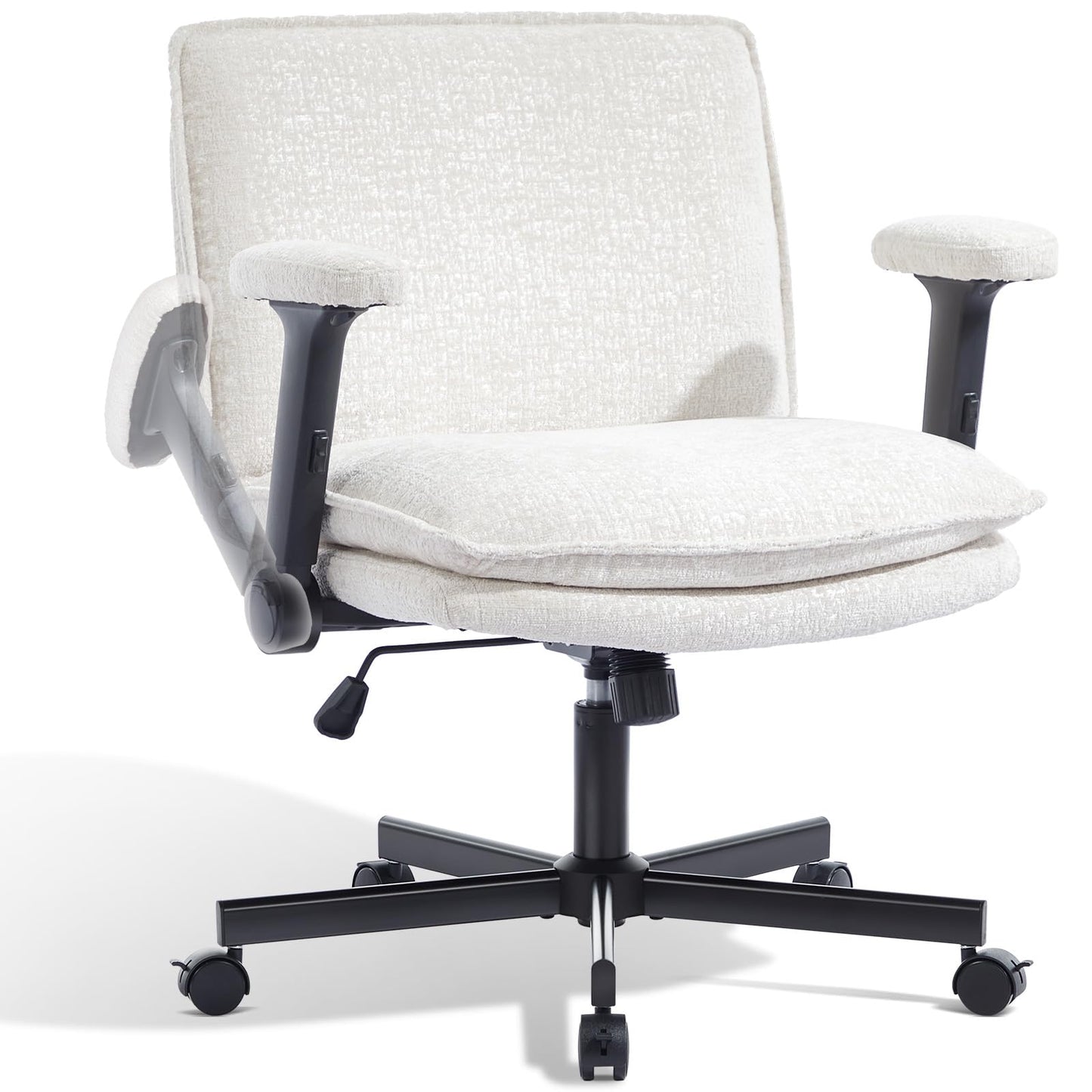 Morkprism Criss Cross Chair with Flip-Up Arms and Lockable Wheels, Plush Fabric Cross Legged Office Desk Chair，Wider 125°Tilting Adjustable Swivel Chai r for Home, Apartment, Bedroom,Pearl White