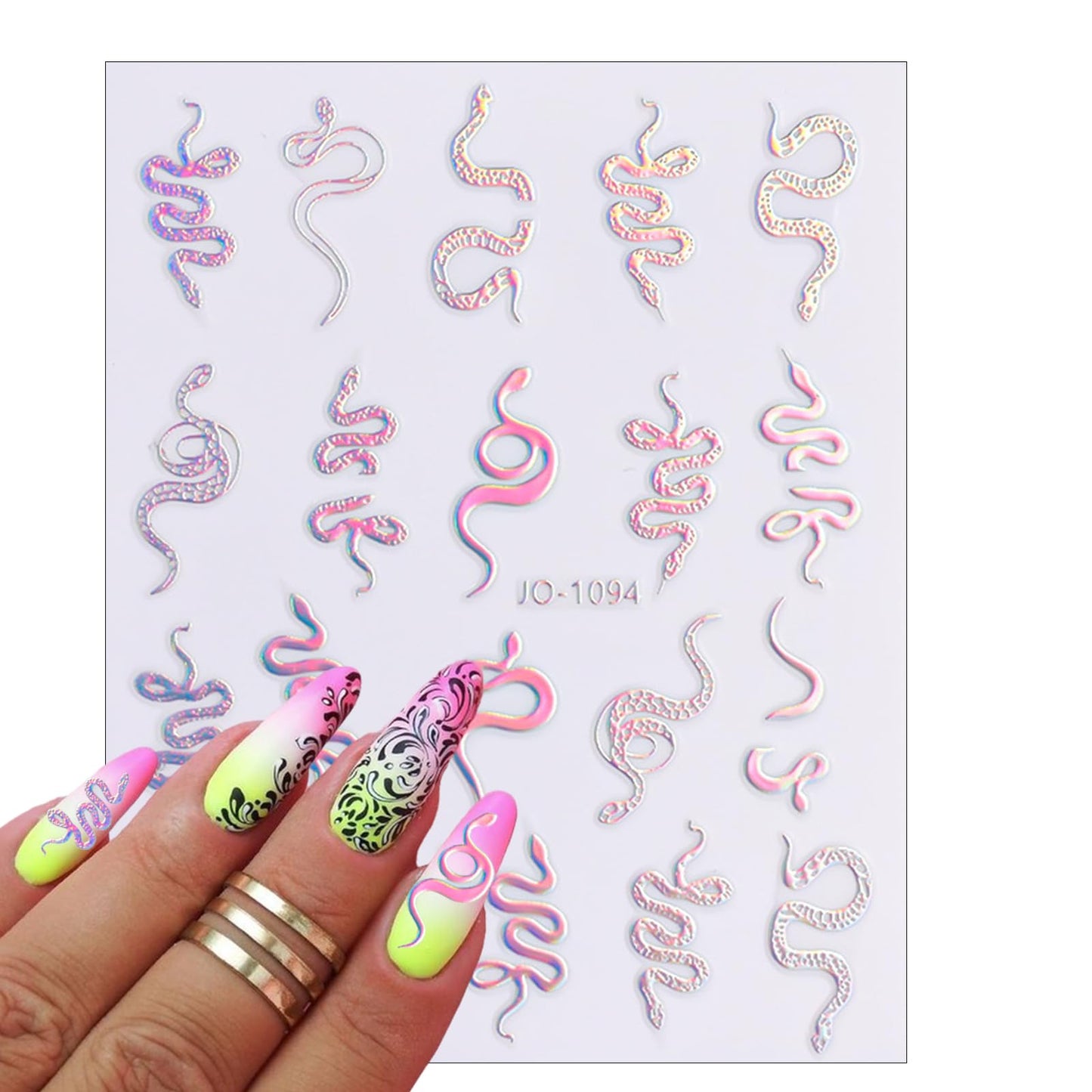 5 Sheets Aurora Silver Snake Nail Art Stickers 3D Self-Adhesive Laser Nail Decals Stars Sun Moon Line Holographic Designs Nail Stickers for Women Girls DIY Manicure Supplies