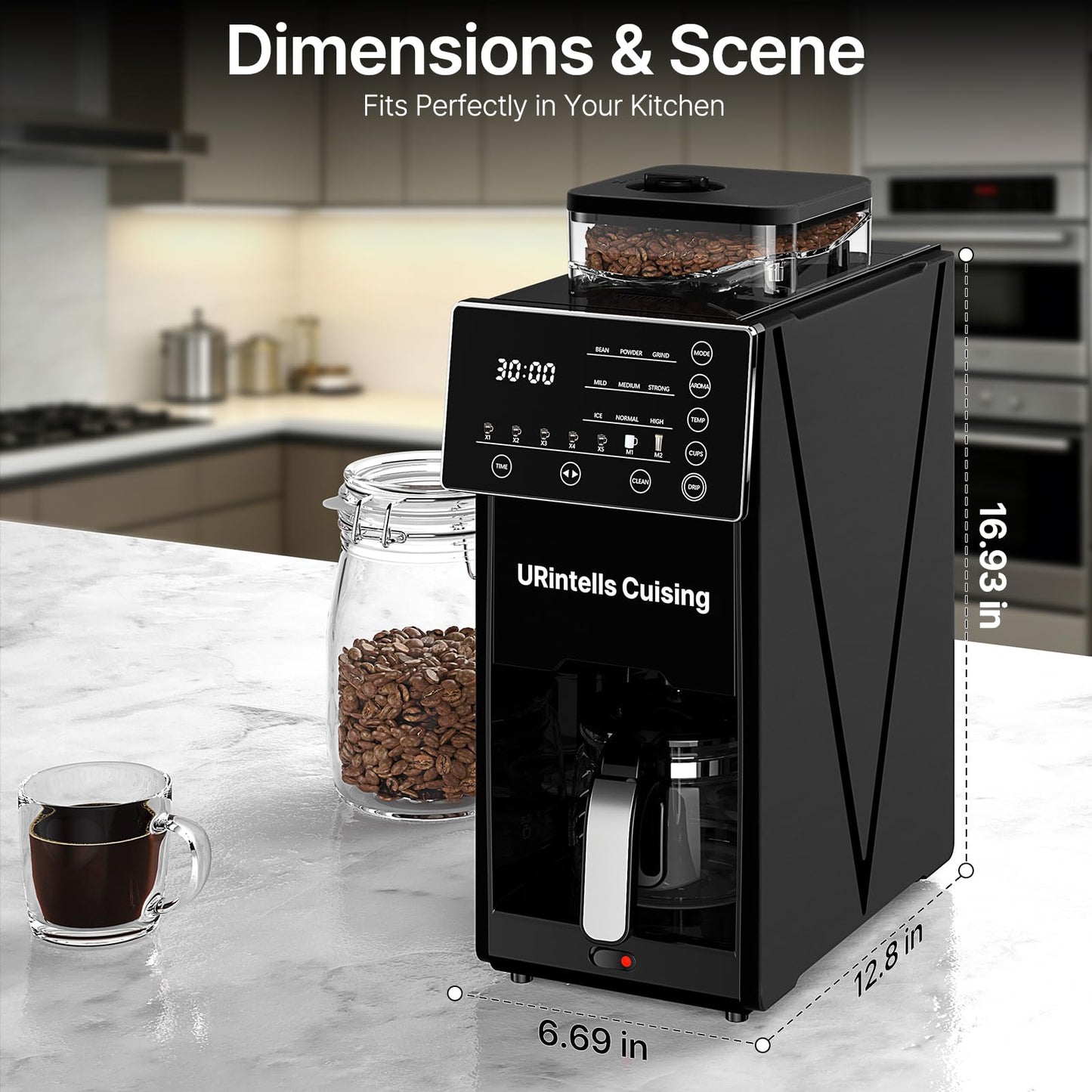 URintells Cuising Coffee Maker with Grinder, 22OZ Drip Coffee Maker with Glass Carafe and Removable Filter, Programmable Hot and Cold Bean to Cup Coffee Machine with Timer, Auto Shut Off