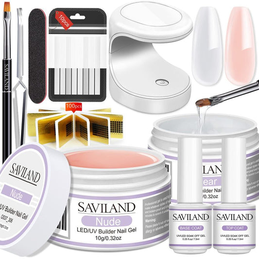SAVILAND Builder Nail Gel Set - 2 Basic Colors Nail Extension Kit for Thickening Strengthening & Apex Building with Foundation Gel Top Gels LED Lamp Brush 100 Pcs Nails Forms for Home Salon