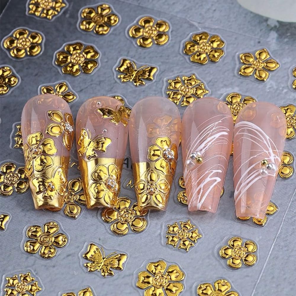 2 Sheets 5D Embossed Gold Nail Stickers 3D Self-Adhesive Golden Flower Nail Supplies Daisy Nails Designs Laser Blue Floral Aurora Hibiscus Nails Decals for Women Girls DIY Manicure