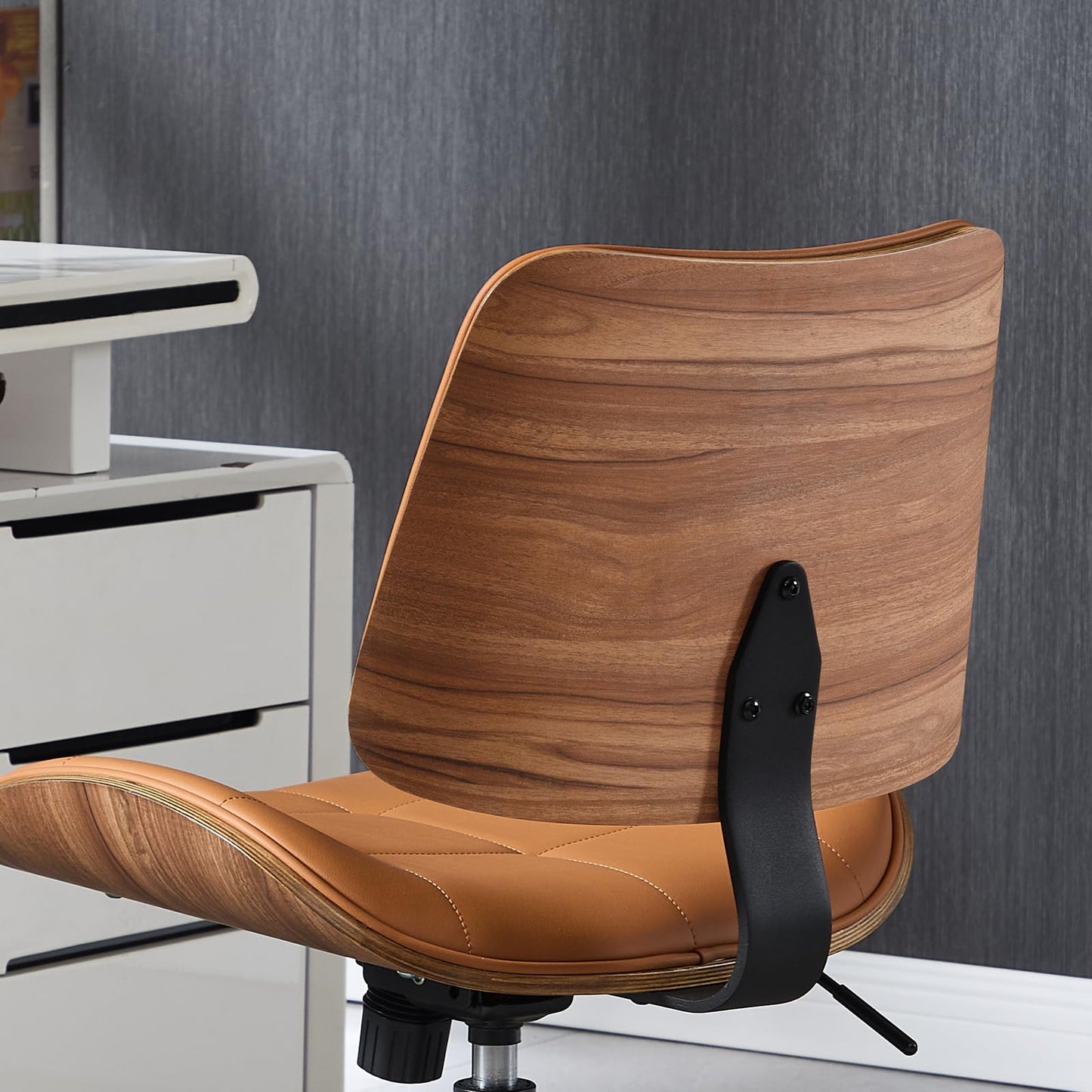 BERYTH Home Office Desk Chair with Wheels, Adjustable Height Armless Office Chair, PU Leather Mid Back 360° Small Computer Chair, Modern Walnut Chair No Arms for Office, Reading Meeting Room(Brown)