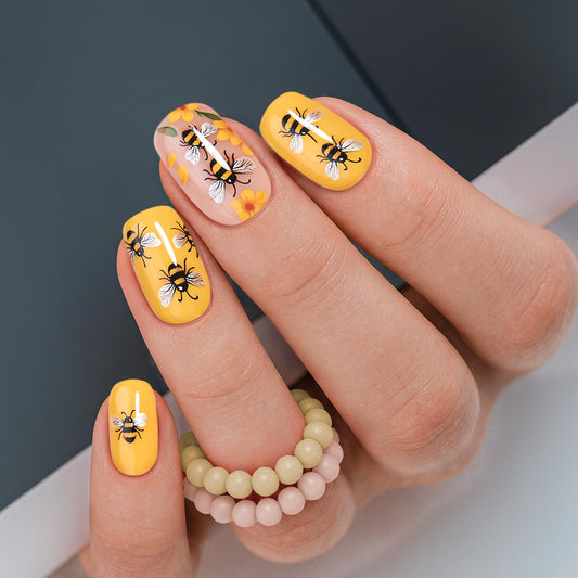 CurvLife Press On Nails Stick On Short Design Acrylic Stick On Nails Tips Glue On False Nails Kit For Women (Bee, Medium)