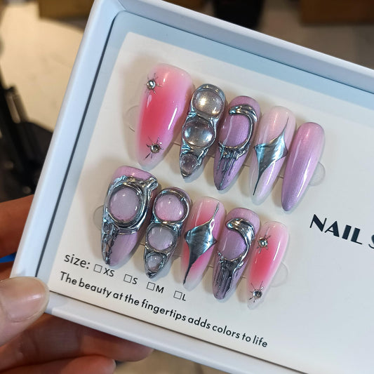 TENPAL Metallic Press on Nails Long Stiletto,Sweet Cool Soft Gel With Aurora Designs,10Pcs/Box Acrylic Handmade Pink Purple y2k False Nails Press Ons For Women Gift(XS)