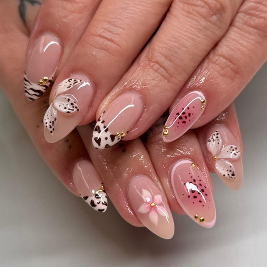 Leopard Press on Nails Medium Almond Nails Press on with 5D Flower & Gold Charm Design Glossy Nude Fake Nails French Tips Glue on Nail Reusable Fall Summer Nail for Women Manicure 24Pcs