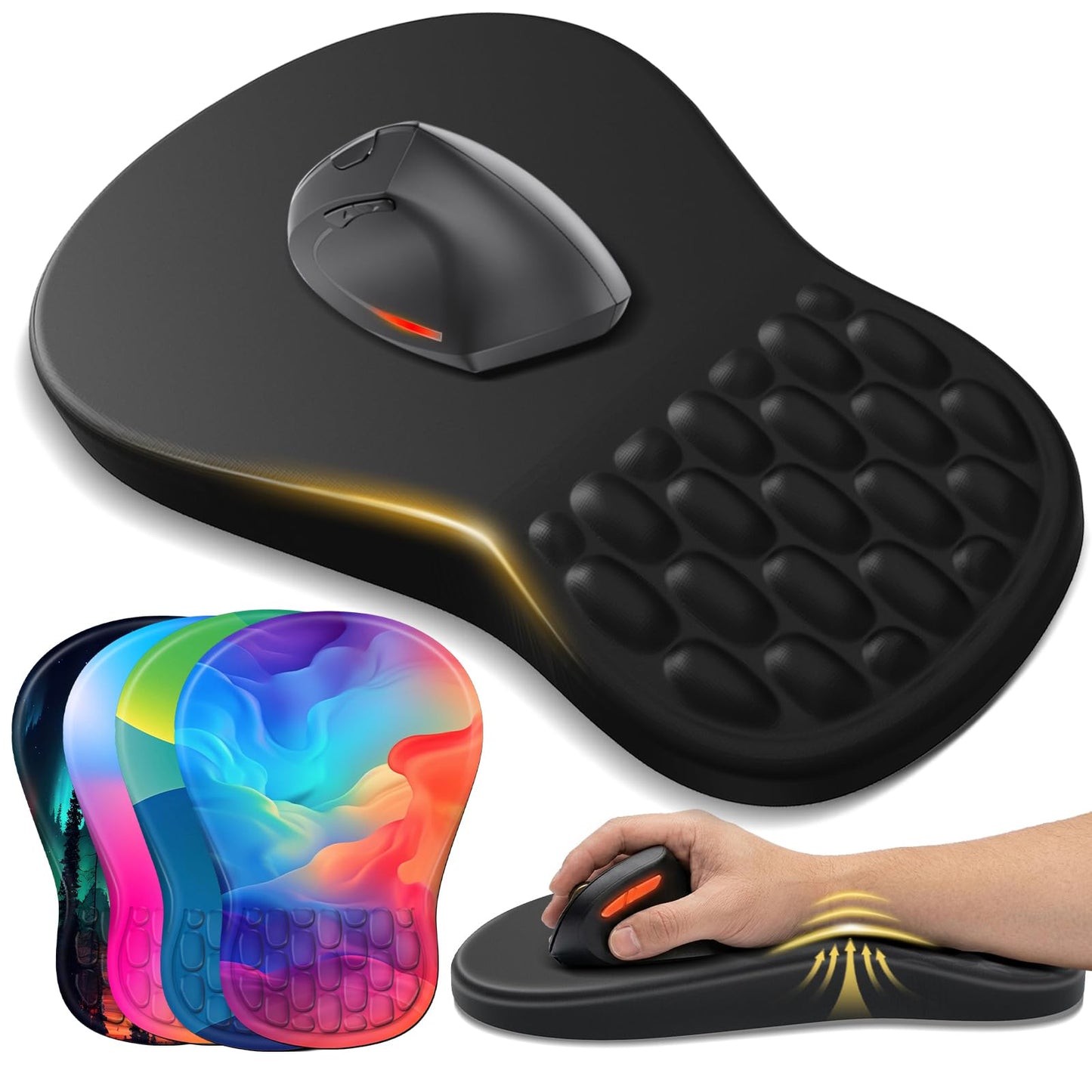 YIWEI Ergonomic Mouse Pad with Wrist Support - Gel Memory Foam Mouse Mat for Computer Keyboard & Laptop - Non-Slip Base, Pain Relief for Home Office & Gaming - Black