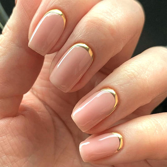 Modelones French Tip Press on Nails Short, Square Fake Nails, Reusable Nail Kit with Nail Glue Adhesive Tabs Mini Nail File, Nails Press Ons 32Pcs 16Sizes, Women Girl Gift, Golden Nude, Spring