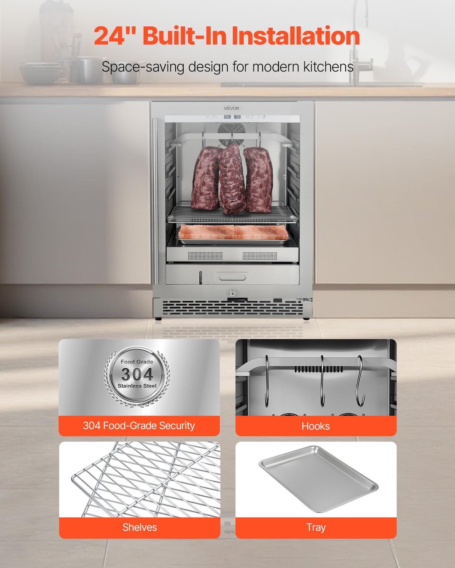 VEVOR 99 LBS Dry Aging Fridge for Steaks, Dry Ager Refrigerator for Meat with Precise Temperature & Humidity Control, Freestanding & Under Counter Beef Aging Machine, Himalayan Salt Not Included