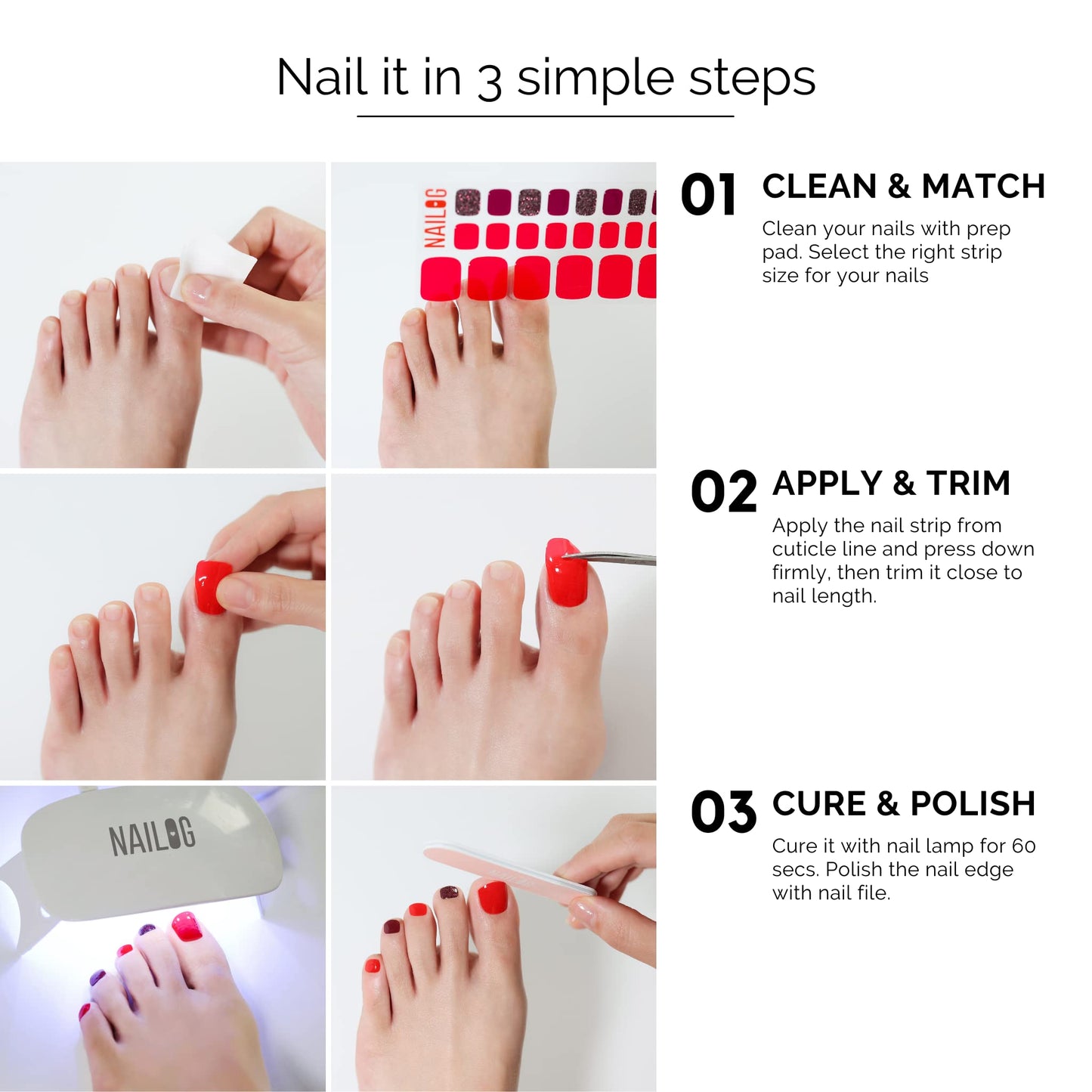 NAILOG Semi Cured Gel Nail Strips, Toe Nail Polish Strips with Glossy Gel Finishing | Buy 3 Get 1 UV Lamp| 32 Pieces Long Lasting Pedi Stickers| Baby Blue