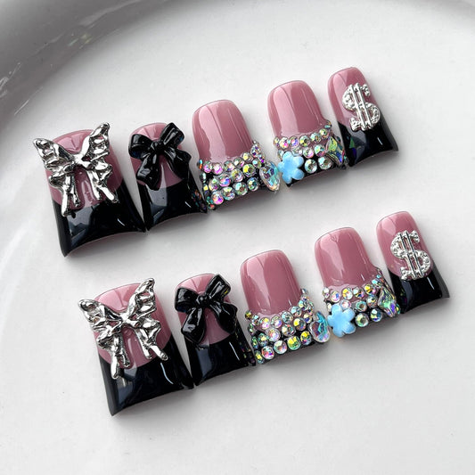 French Tip Press on Nails Handmade Short Duck 3D Flower Thick Acrylic Nails Black False Nails with Bow Rhinestones Butterfly Designs Cool Glossy Fake Nail Sturdy Art Press on Nail 10Pcs(M)