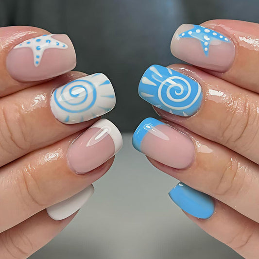 French Tip Press on Nails Short Square Fake Nails with Starfish White Swirl Designs Nails Press ons Blue Glue on Nails Cute Acrylic Nails Summer Stick on Nails for Women 24Pcs