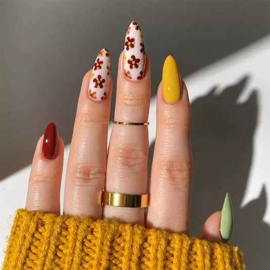 CLYHLTMZ 24 Pcs Press on Nails Almond Short Fake Nails Multiple Color Glossy Full Cover with Floral Designs Glue on Nails Reusable Acrylic Nails Removable Stick on Nails for Women Girls