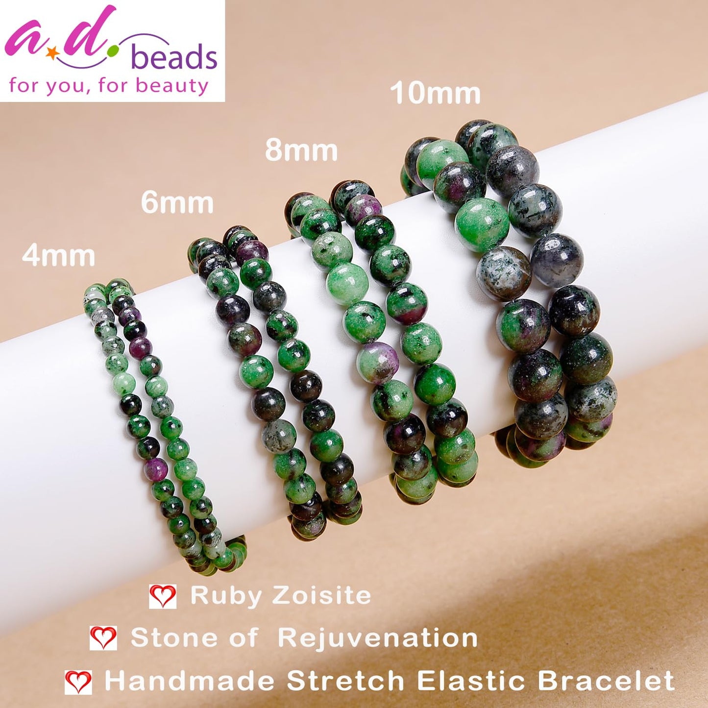 AD Beads Handmade Gemstone Stretch Elastic Bracelet Crystal Healing Reiki Nature's Beauty and Spiritual Essence Unisex (8mm, Ruby Zoisite (Rejuvenation))