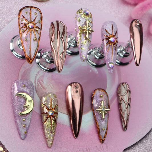 Star Moon Press on Nails Long Stiletto Fake Nails Pure Handcrafted Nail Mirror Effect Glue on Nails Glitter False Nail with Design Rhinestone Stick on Nail for Women Girls Luxury Manicure (S)
