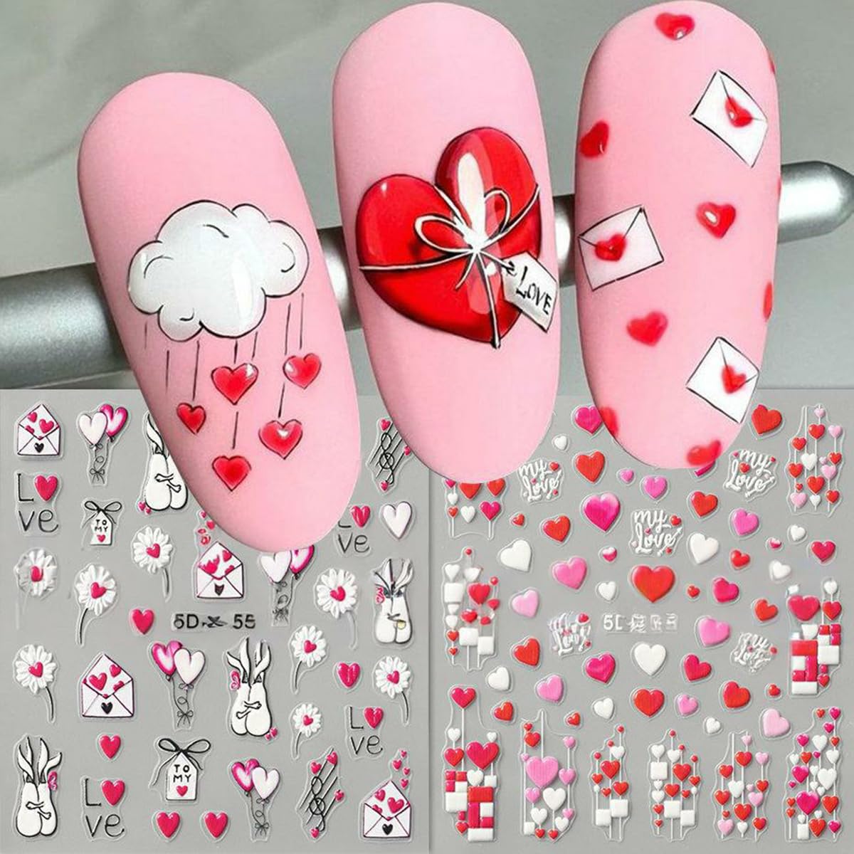 Valentine’s Day Nail Stickers for Nail Art, 5D Embossed Love Heart Nail Decals 2PCS Red White Pink Heart Envelope Rose Balloons Self-Adhesive Valentines Nails Design Manicure Accessories for Women