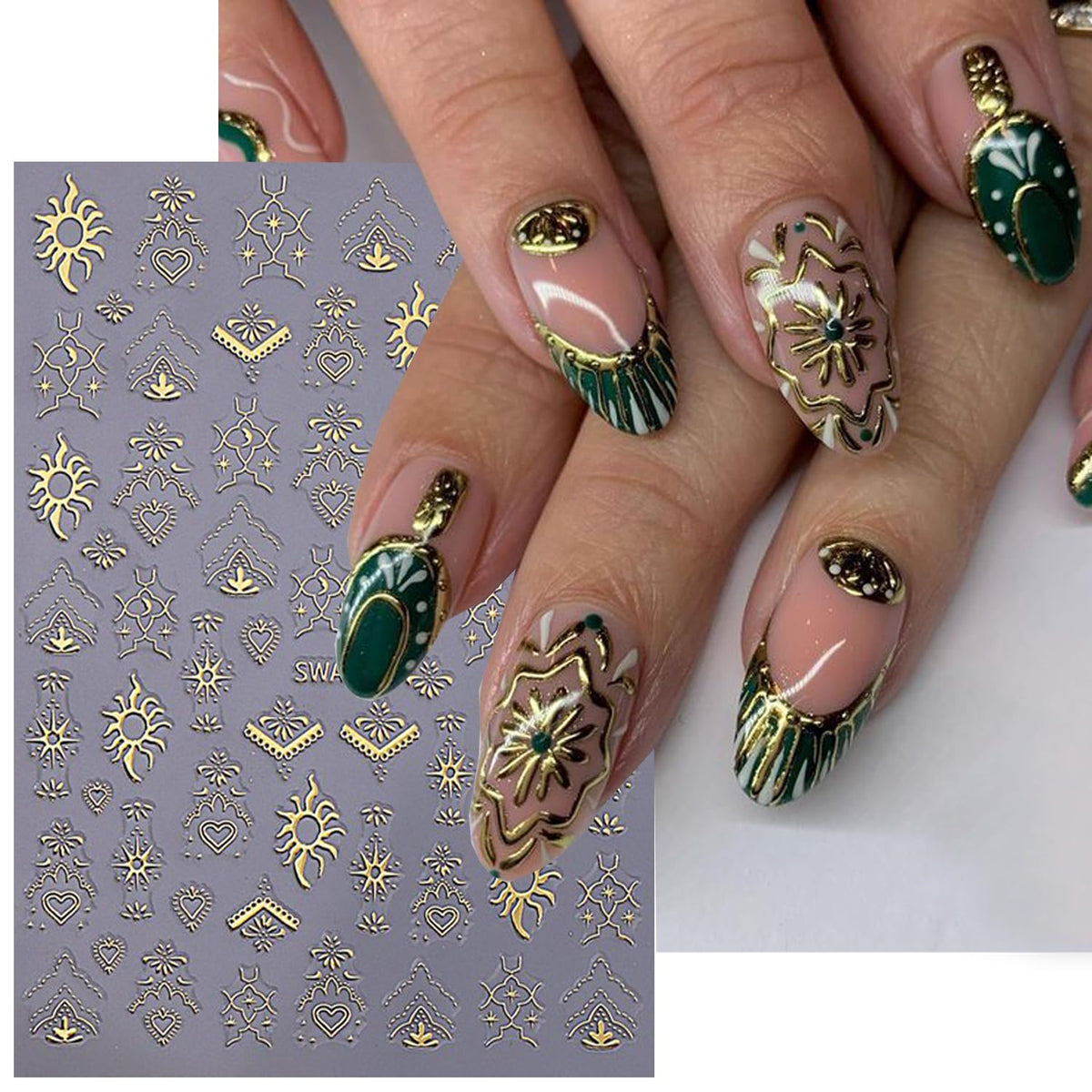 Gold Silver Nail Art Stickers Decals,4Pcs 3D Retro Sun Love Totem Star Moon Heart Designs, Stars Metallic Nail Supplies Embossed Self-Adhesive Slider Stickers for Women's DIY Manicure Decoration
