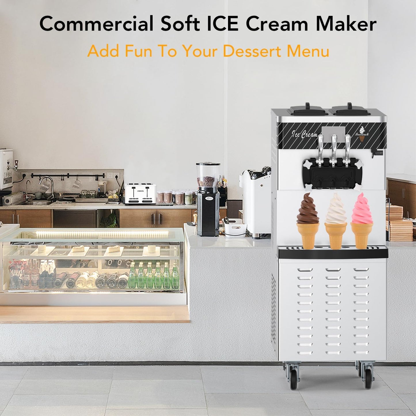 Commercial Ice Cream Maker Machine, 3 Flavors Soft Serve Ice Cream Machine, 2 * 7L Hoppers, 2450W Compressor Electric Ice Cream Maker for Restaurants/Dessert Shops/Mobile Cars/Snack Bars/Cafes