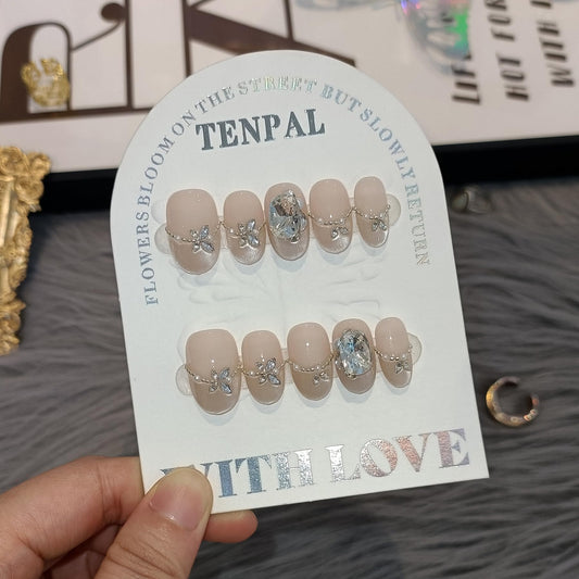 TENPAL Oval Nude Press On Nails 10Pcs with Tools Kit,Handmade Pearl Chain Floral Cluster Glue on Nails, Oval Short Glitter Cat Eye French False Nails,Reusable Glossy Fake Nails for Wedding Daily(XS)