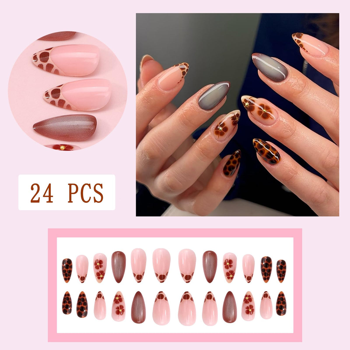 Leopard Print Press on Nails Medium Almond Fake Nails French Tips with Leopard Print Floral 3D Golden Pearl Design False Nails Brown Glossy Acrylic Stick on for Women Girls Manicure Decoration 24Pcs