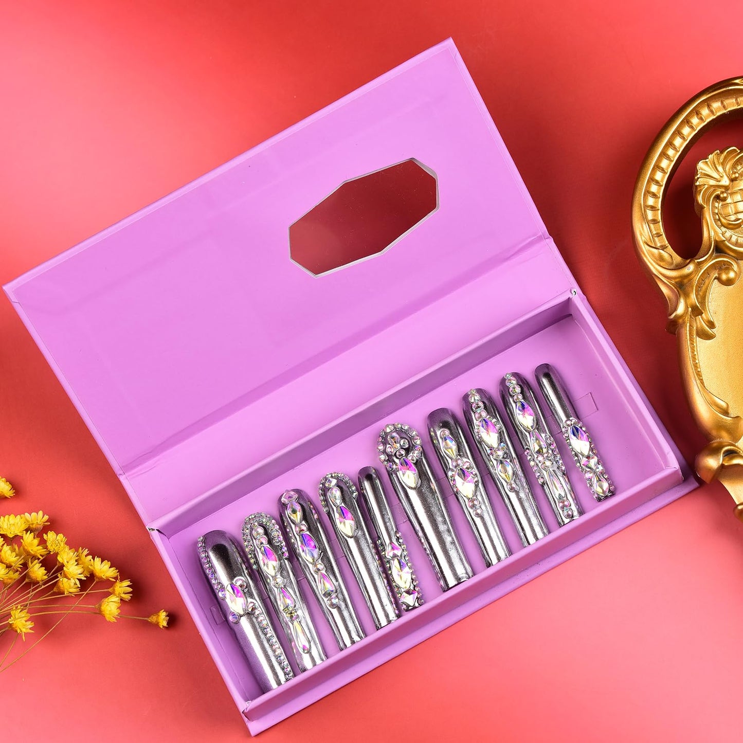 Tmani 10pc/set Extra Long Handmade Press On Nail Hot Girl's Long Ballet Nails Square Nail Full of Diamond Glitter Decoration Fake Nails Suitable For Girls Festival Parties and Birthday Gift (091,L)