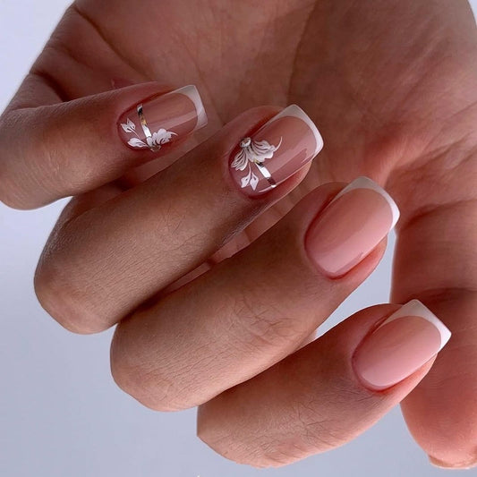 White French Tip Press on Nails Short Square MABKJLF Flower Fake Nails False Nails with Silver Lines Floral Designs Full Cover Glossy Glue on Nails Acrylic Nails for Women Girls 24Pcs