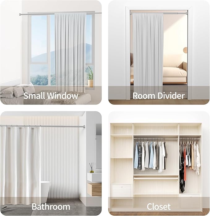 Mcrbeay Shower Curtain Rod, 1" Diameter Heavy Duty Tension Shower Rod, Non Slip Adjustable 28-102 inch No Drilling Shower Curtain Rods Spring Tension For Bathroom, Shower Stall, No Rust, Silver