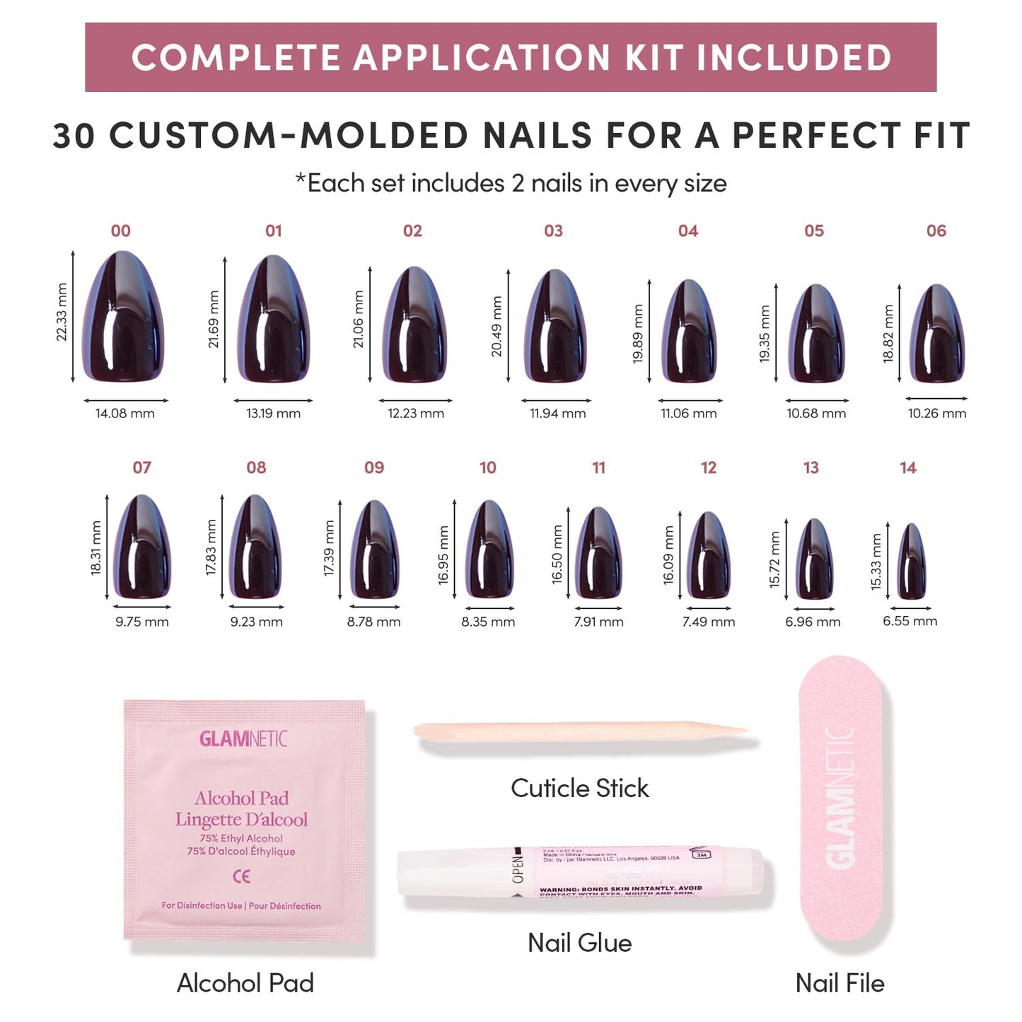 Glamnetic Press-On Nails Bundle - Jet Black & Burgundy Chrome | Short Squoval Black Fake Nails with a Glossy Finish | Short Almond Fake Nails with a Metallic Chrome Finish | Durable, Salon-Quality Nai
