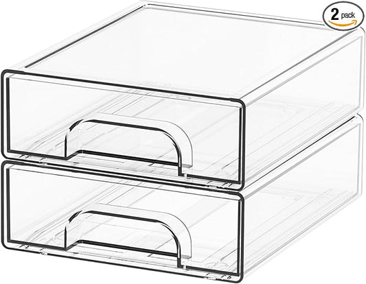 Yieach 2.2'' Tall Small Clear Stackable Storage Drawers,2 Pack Stacking Acrylic Organizers Drawers for Hair Accessories,Makeup,Pen,Art Crafts,Office Supply Organizer and Desktop Plastic Mini Drawers