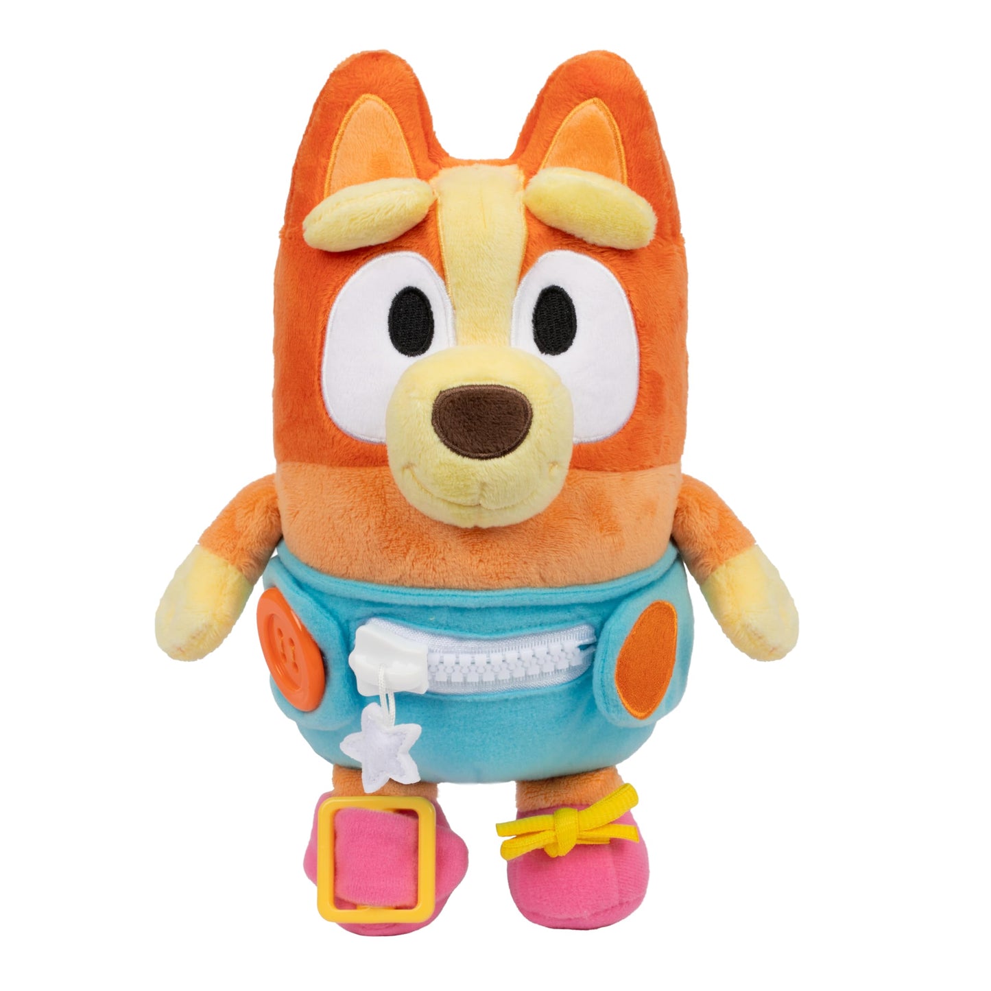 Dress & Play Baby Bingo Bluey Plush, Button, Zip, Buckle and Tie, Learn to Dress Dolls for Toddlers Ages 3+, Fine Motor Skills Baby Zipper Toy