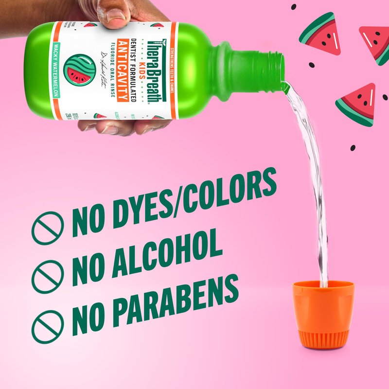 TheraBreath Kids Organic Wacky Watermelon Mouthwash with Fluoride, Anticavity, Dentist Formulated, 16 Fl Oz