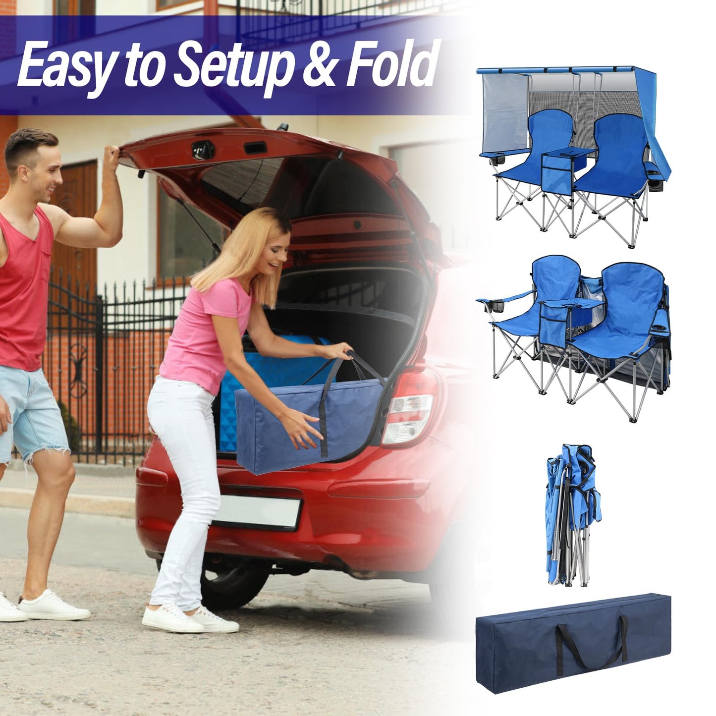 ptlsy Double Camping Chair with Canopy, Folding Two-Person Seat, Portable Outdoor Loveseat with Shade, Folding Chairs for Beach, Lawn, and Outdoor Activities (Blue)