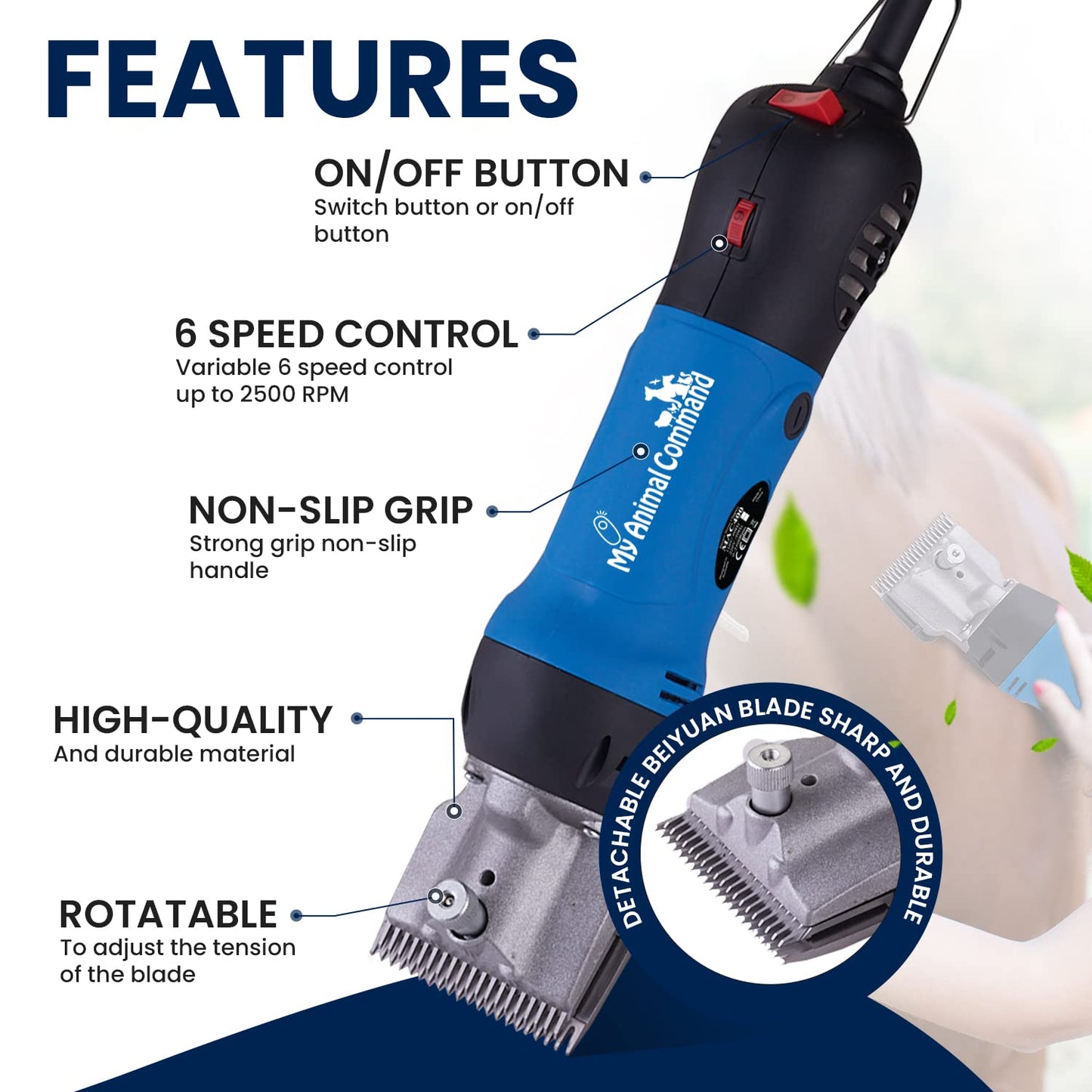 My Animal Command 110V 400W Heavy Duty Professional Horse Clippers Kit Animal Grooming 6 Speeds Shaving Thick Coats Fur Hair Ponies Equine Pigs Cattle Farm Livestock 2 Blades