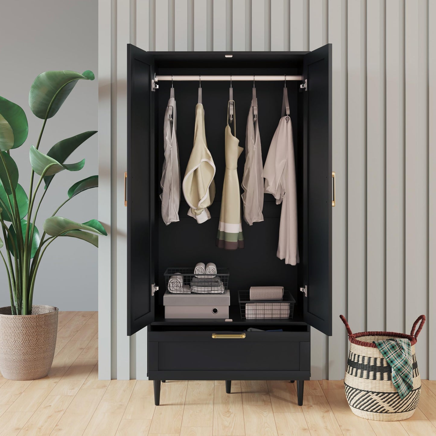 ALBSL Bedroom Armoire Wardrobe Closet with Hanging Rod,60" 2 Door Almirah for Clothes with Drawers,Morden Storage Cabinet,Black