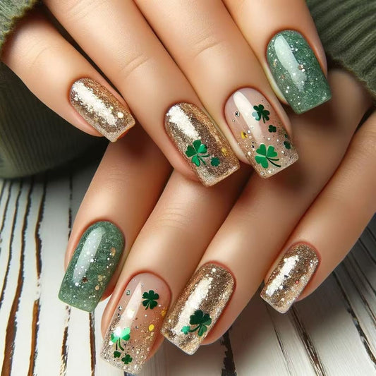 24 Pcs St. Patrick's Press on Nails Medium Square Shamrocks Green Gold Flash Fake Nails Lucky Clover Glitter Gradient Design False Nails Full Cover Stick on Nails for Women Nails Decoration
