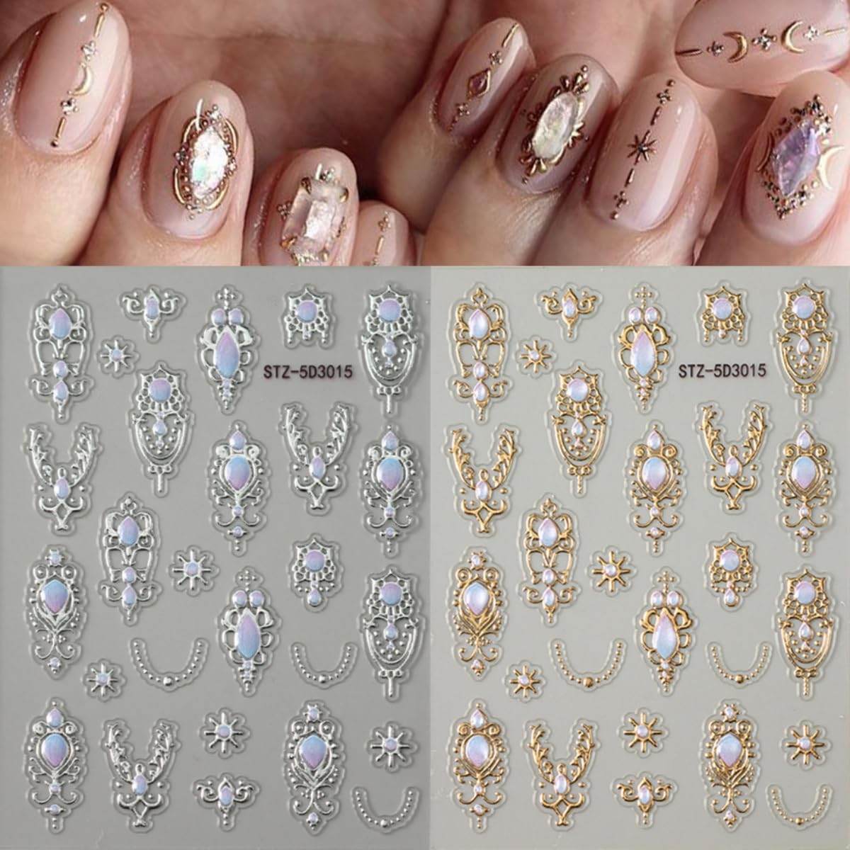4 Sheets Flower Nail Art Stickers 5D Embossed Retro Floral Gemstone Nail Decals Gold Silver Carving Luxury Baroque-Style Scepter Self-Adhesive Nail Art Supplies for Women DIY Manicure Decoration