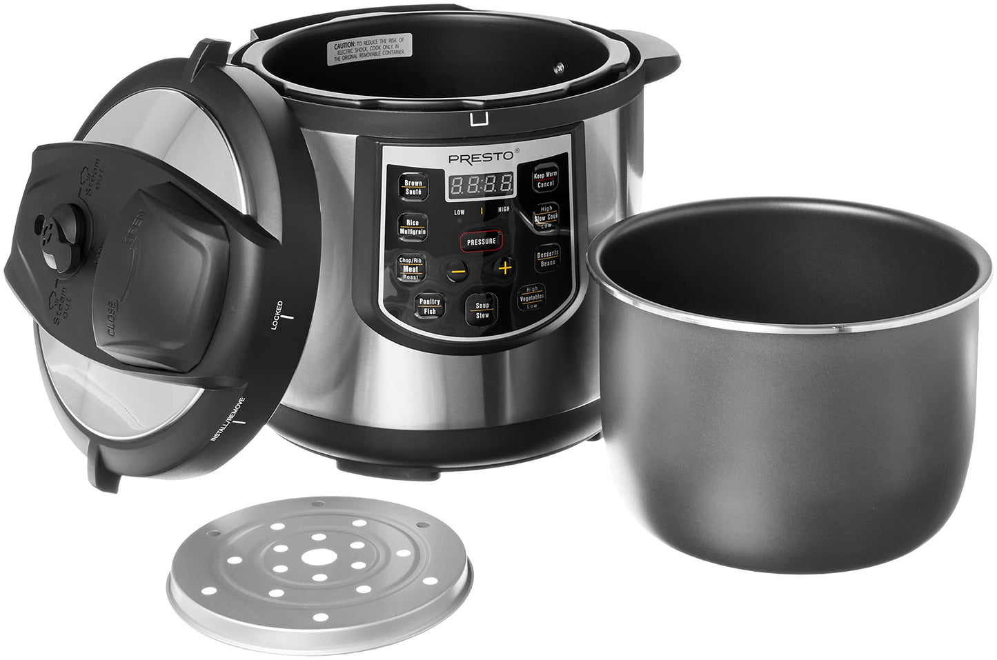Presto 02141 6-Quart Electric Pressure Cooker, Black, Silver, Stainless steel