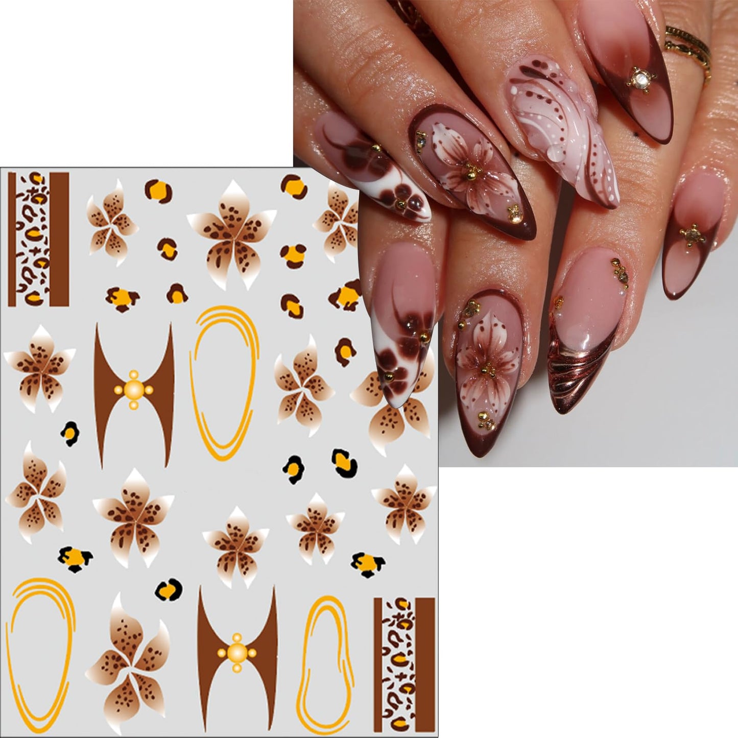 Leopard Print Hibiscus Flowers Nail Art Stickers Embossed Jelly Design Hawaiian Floral Nail Art Supplies Cute French Cheetah Print Nail Art Accessories for Women Manicure Decorations 6 Sheets