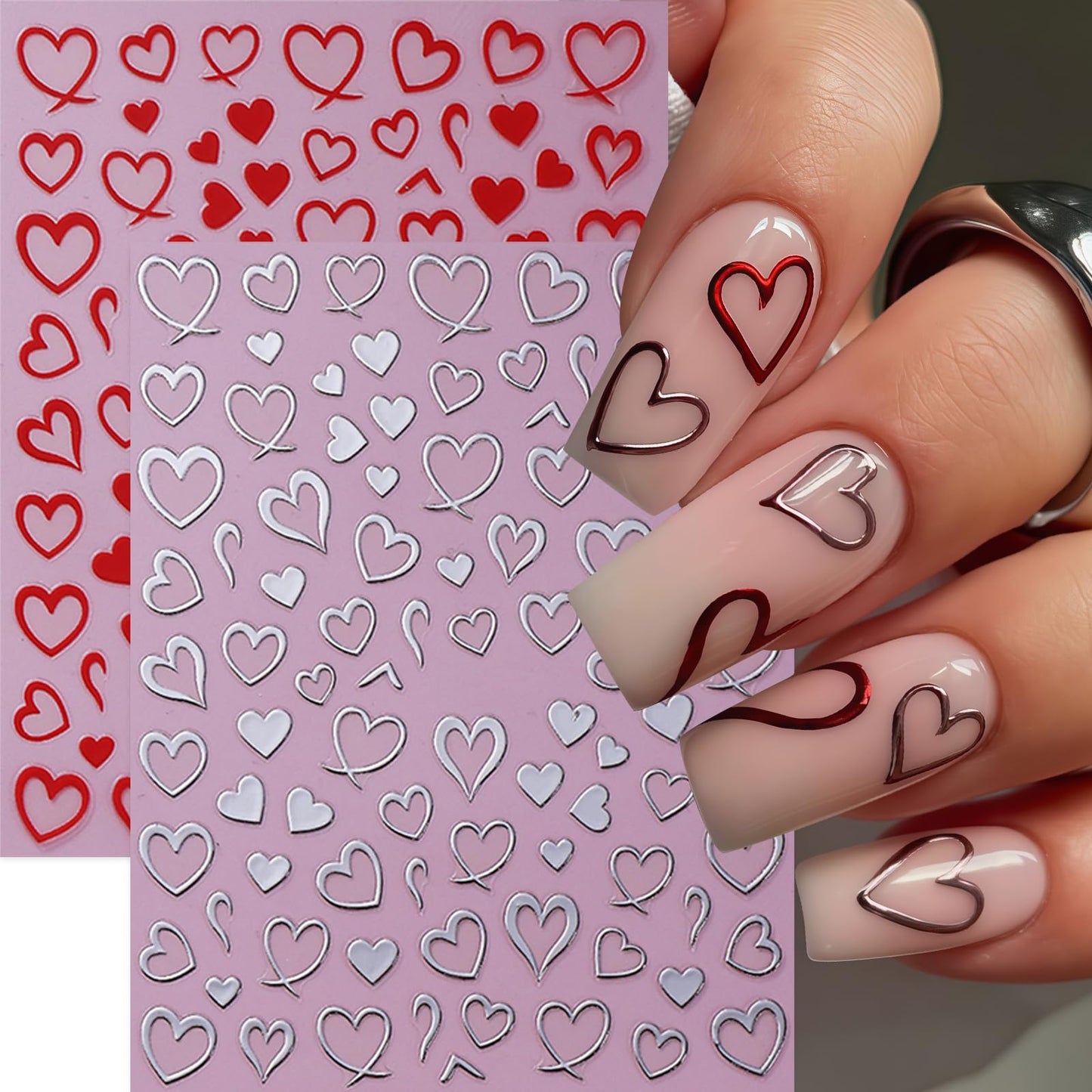 6 Sheets Heart Nail Art Stickers Valentines Nail Decals Self-Adhesive Red Silver Gold Peach Hearts Nails Stickers Hollow Heart Love Sticker Nail Supplies for Women Holiday Acrylic Nails Decoration