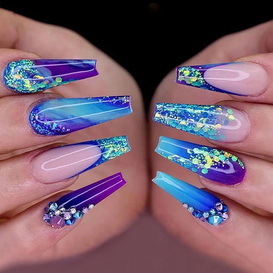 Vezocim Press on Nails Square Purple Gradient Glossy Full Cover Medium Acrylic Square False Nails with Rhinestone Designs Artificial Coffin Fake Nails Glue on Fingernails with Charm for Women