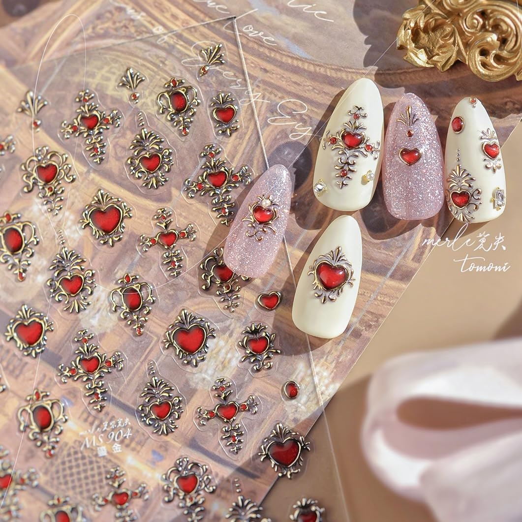Phuryllic 3D Nail Stickers for Nail Art, Embossed Self-Adhesive Cute Nail Charms & Decals for DIY Nails, Easy-to-Apply Nail Design Supplies & Accessories for Home Manicure-Cross Shape Red Heart