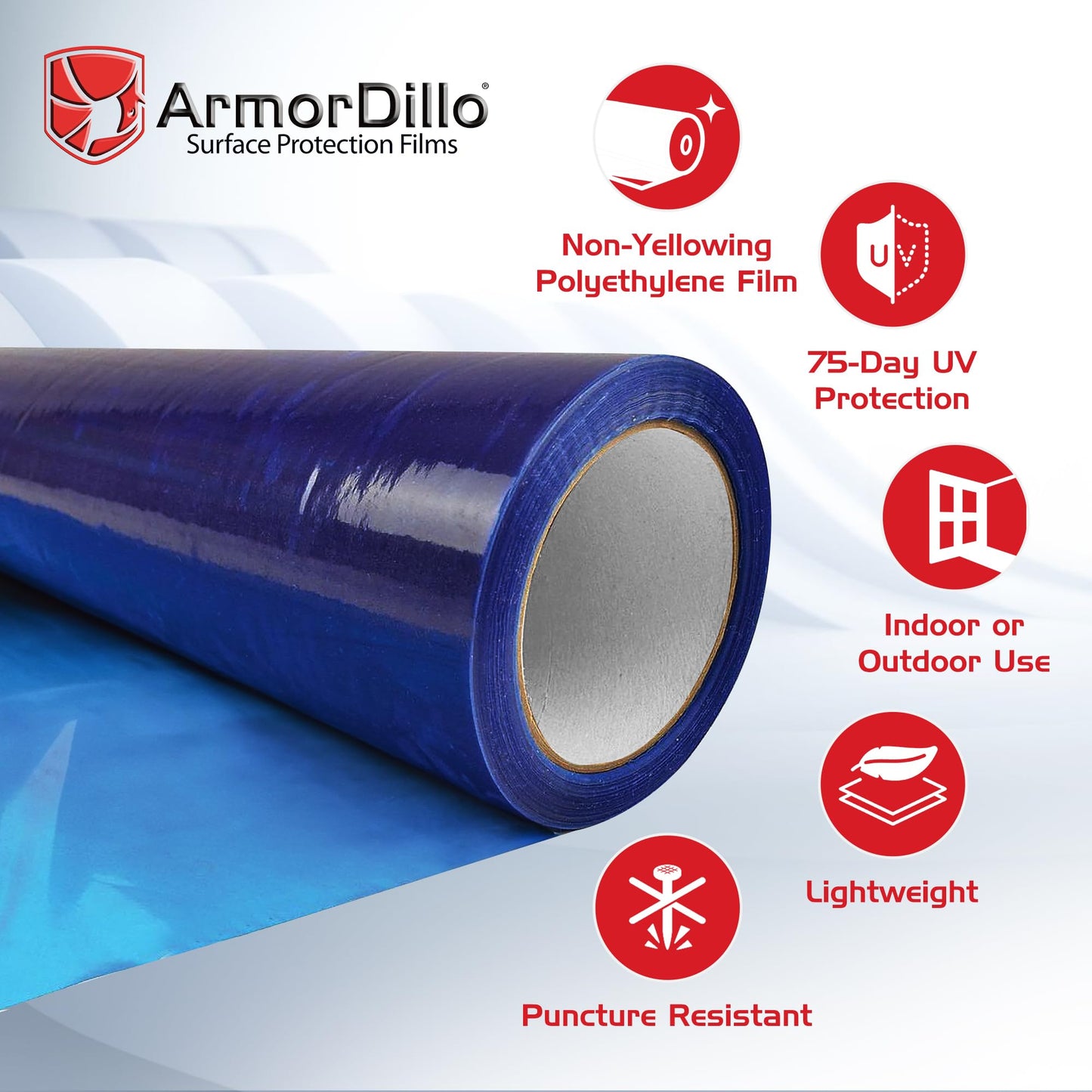 ArmorDillo Blue Window Protection Film| 29.96/Roll (5 Rolls/case,1 case), 24" x200'. Temporary Self-Adhesive Glass Cover, Masking, 45-Day UV-Resistant, Window & Surface Protection| Construction Wrap