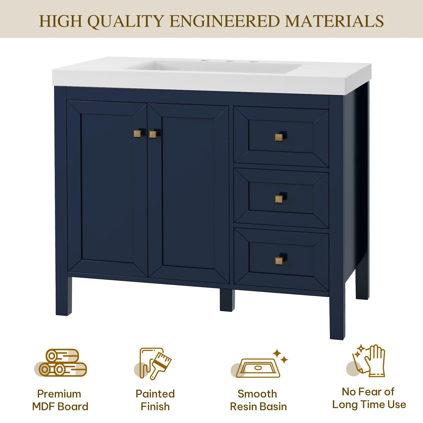 DWVO 42 Inch Bathroom Vanity with Sink Combo, Modern Bathroom Storage Cabinet with Resin Basin, Three Holes, 2 Doors & 3 Drawers, Navy Blue
