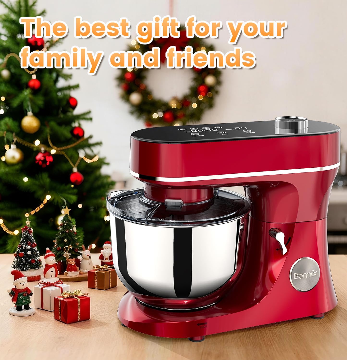Bonnor Stand Mixer Set, 6QT Kitchen Mixer with LED Touchscreen, 11-Speed Tilt-Head Mixer with Timer, 4 Preset Menus, Stainless Steel Bowl, Hook, Whisk, Beater,Plus 2QT Ice Cream Maker Attachment,Red