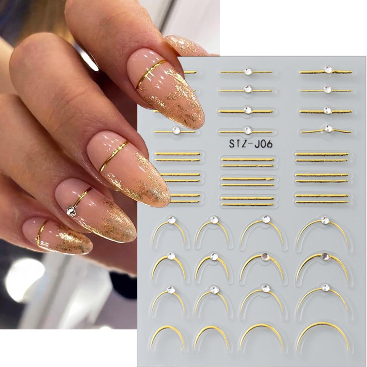 2 Sheets French Tip Nail Stickers for Nail Art Gold Silver French Nail Art Stickers with Crystal Diamond 5D Self-Adhesive Nail Supplies Embossed Line Nail Decals for Women DIY Manicure Decoration