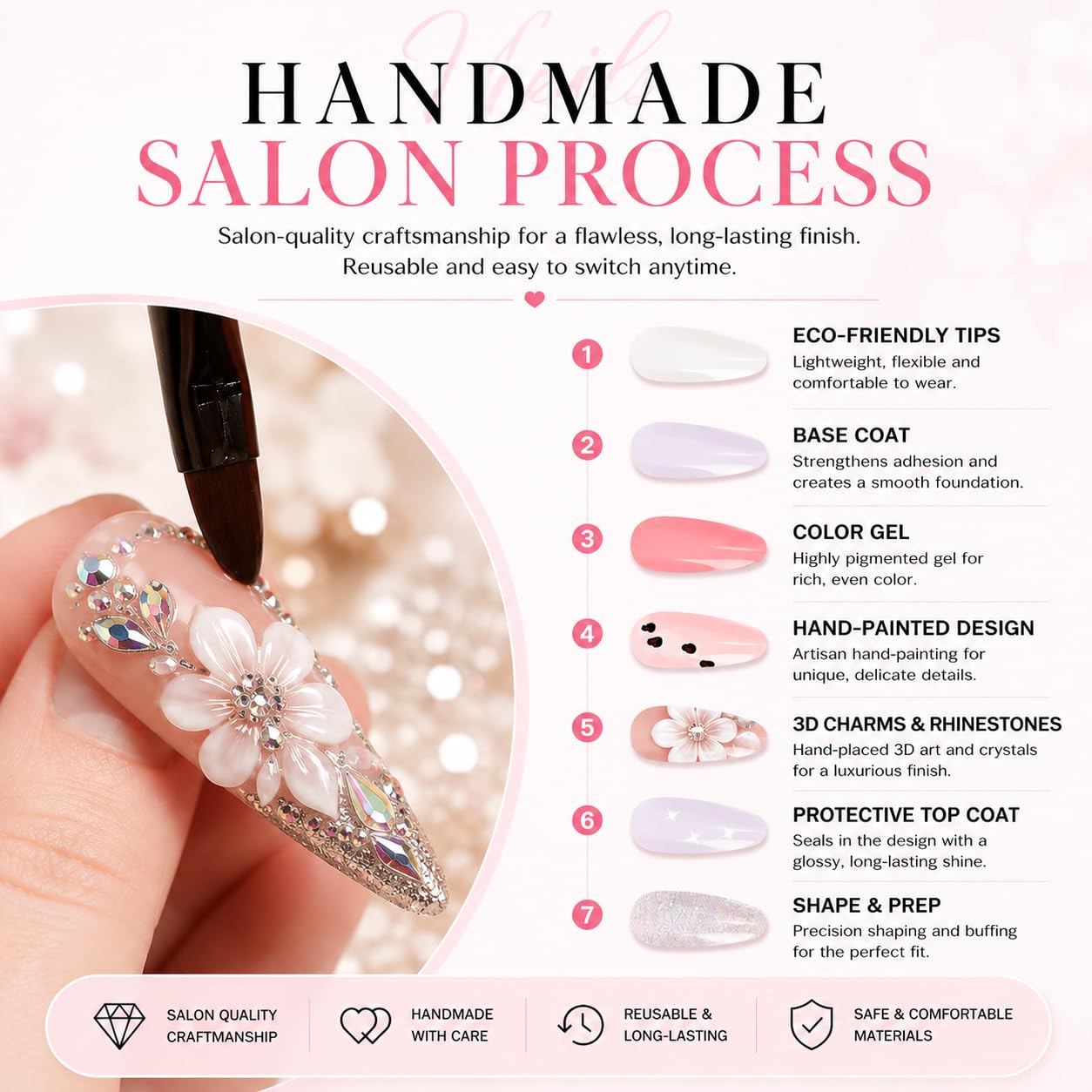 Handmade Press on Nails Long Square - Butterfly & Diamond Necklace Design Fake Nails, Luxury White French Tip False Nails with 3D Flower, 10 Pcs for Women (Size M)