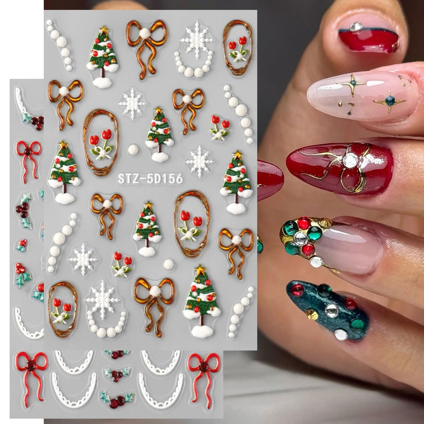 3pcs Christmas Nail Art Stickers 5D Embossed Nail Decals White Snowflakes Christmas Tree, Bow, Holly Adhesive Nail Stickers Snow with Rhinestones Design Xmas Nail Supplies Manicure Accessories