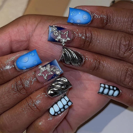 Press on Nails Short Length Blue Smudge False Nails 3D Stripe Silver Starlink Design Acrylic Nails Press Nails with Charm Artificial Stick on Nails Full Cover Reusable Acrylic Glue on Nails for Women