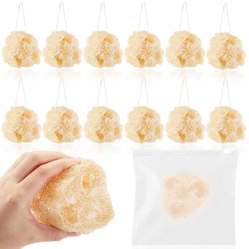 Acellegic 24 Pcs Mini Natural Loofah Sponges, 12 Pcs 2 Inch Single Wrapped Egyptian Loofah Bath Sponge with 12 Travel Pouches, Exfoliating Shower Scrubber for Body Face Skin Care & Kitchen Cleaning